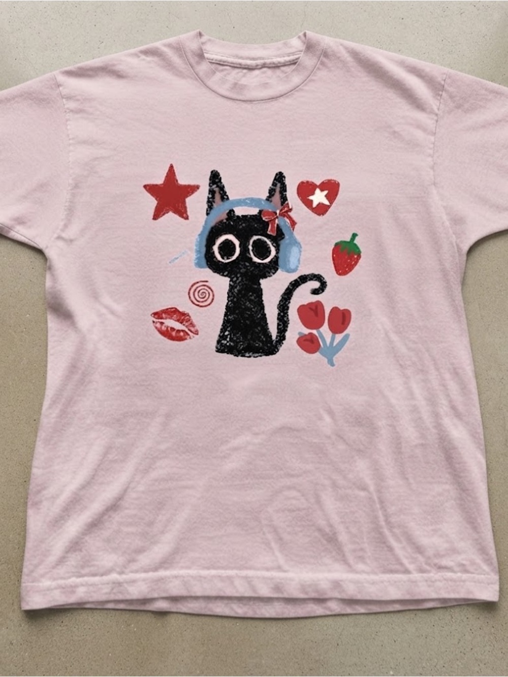 Cute Black Cat Headphones Graphic Gildan Cotton Pink T-shirt